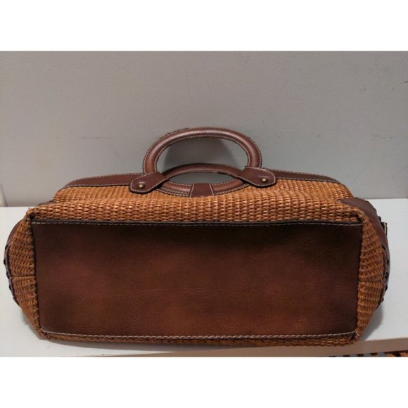 Fossil Woven Straw & Leather Tote Purse #76082 Tan & Brown - Picture 3 of 9